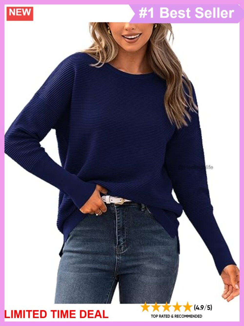 Women's Casual Long Sleeve Ribbed Knit Sweater Loose Fit Pullover